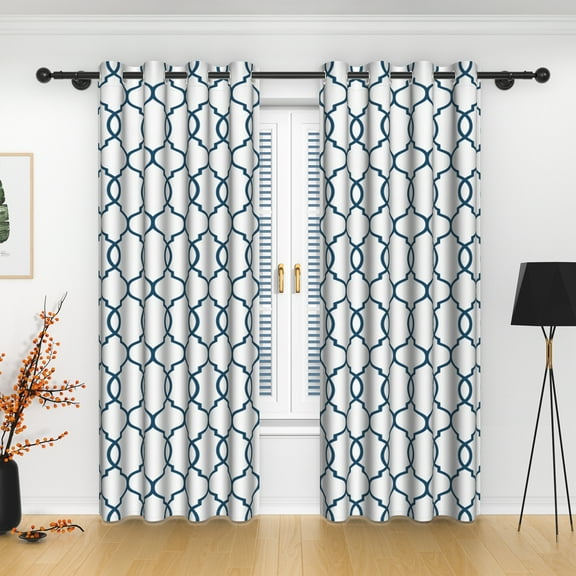 Lfeey Geometric Grid Pattern Light Filtering Grommet Blackout Curtains, Navy Blue, 42x84 Inches, 2 Panels