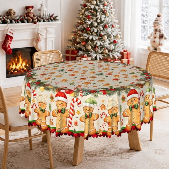 Lfeey Gingerbread Man Christmas Round Tablecloth 60 Inch, Xmas Party Washable Table Cover