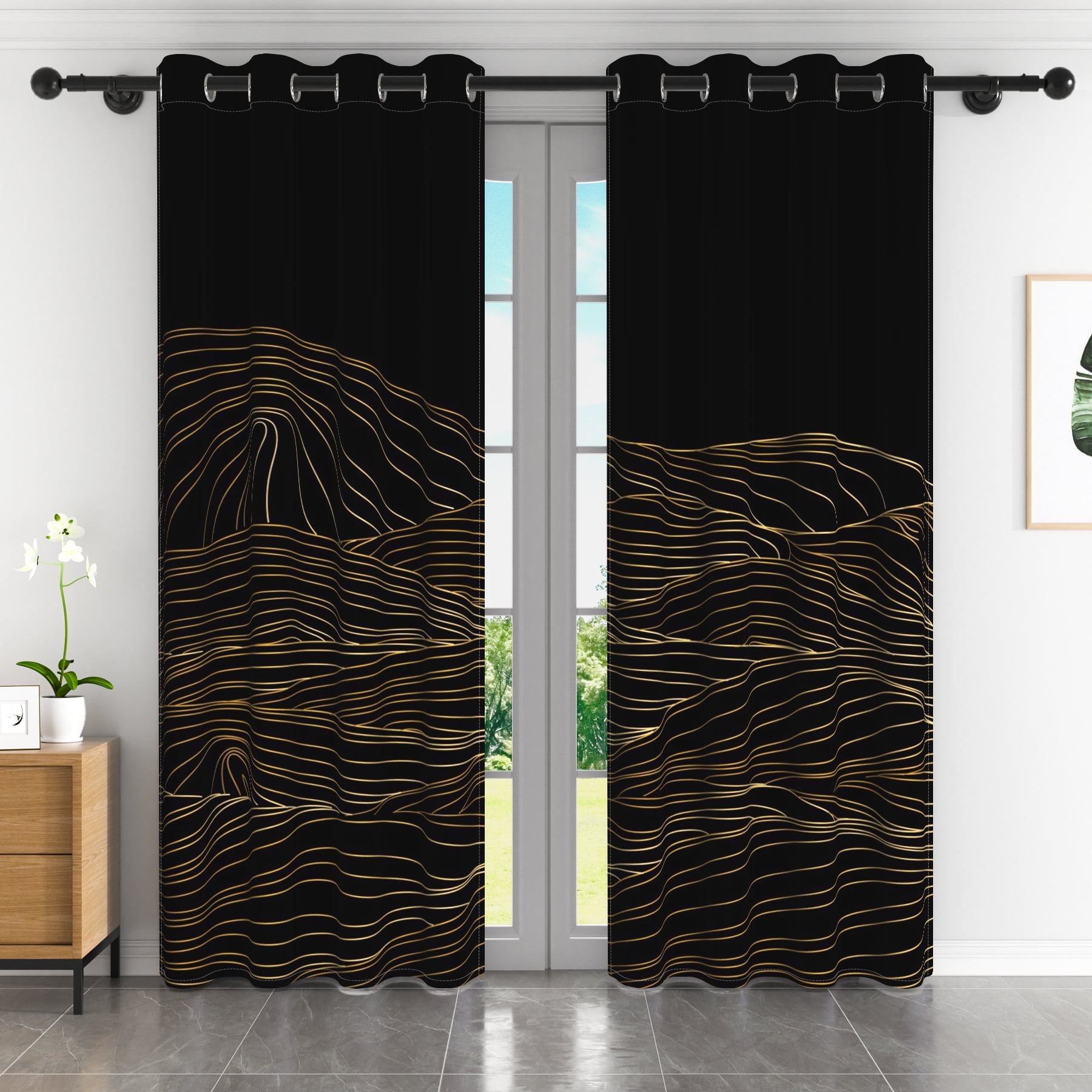 Lfeey Gold Line Wave Blackout Curtains, Bedroom Darkening Blackout Curtains, 52x96 inches, Black Gold, 2 panels