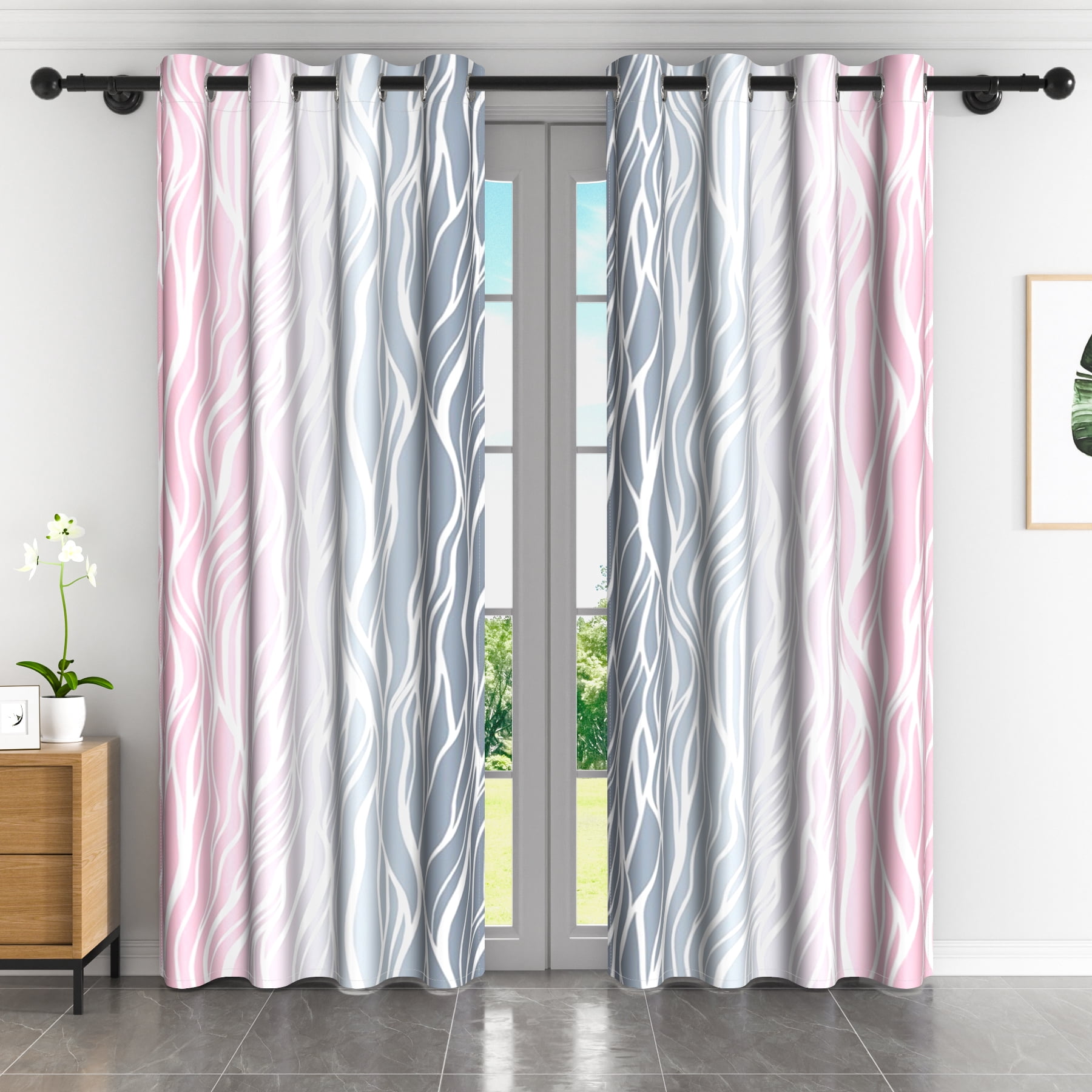 Lfeey Gradient Stripe Blackout Curtains, Grommet Curtains for Modern Living Room Bedroom, Gray Pink, 52x63 inch
