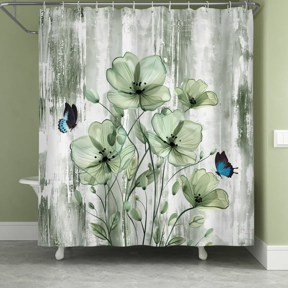 Lfeey Green Floral Waterproof Fabric Shower Curtain with Hooks Bathroom Window Curtain, 72x72 in