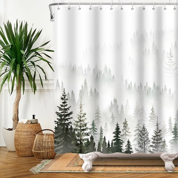 Lfeey Green Misty Forest Shower Curtain, Natural Tree Bathroom Waterproof Shower Curtain with 12 Hooks, 72x72 inch