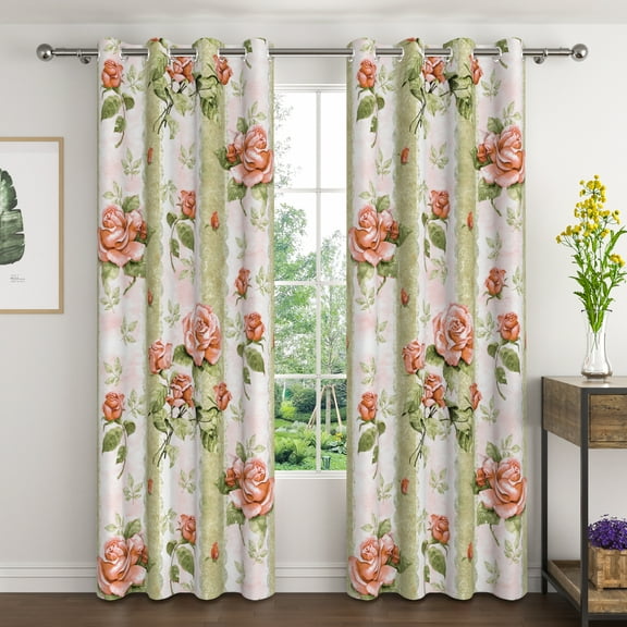 Lfeey Green Watercolor Floral Blackout Curtains, Thermal Insulated Living Room Window Drapes, 84 inch long, 2 Panel Set, Grommet Top