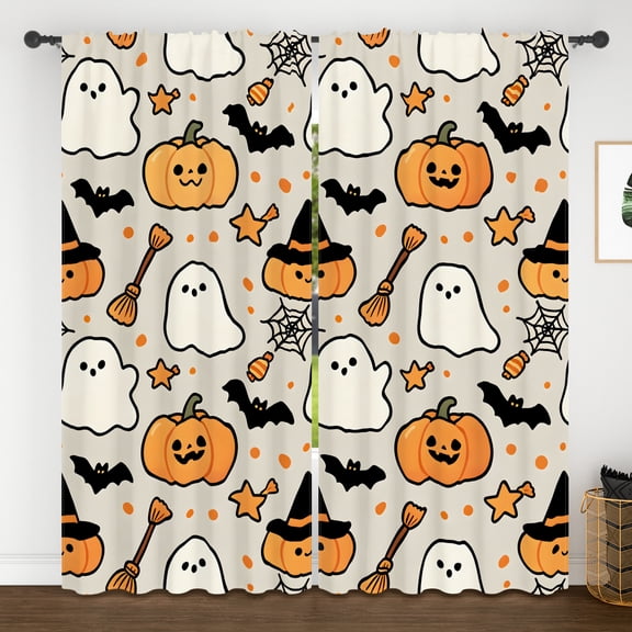 Lfeey Halloween Blackout Curtains Cute Cartoon Ghost Pumpkin Print 42x63 Inch Kids Room Window Drapes Set of 2