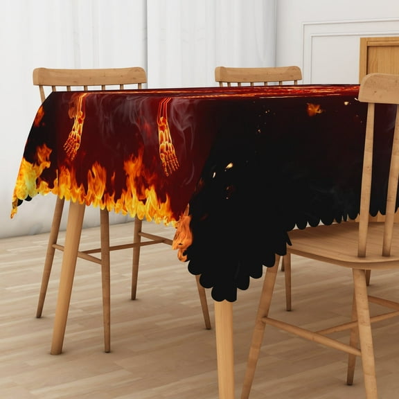 Lfeey Halloween Fire Skull Pattern Tablecloth, Waterproof Wipeable Rectangular Tablecloth, Polyester, 52x70 inches