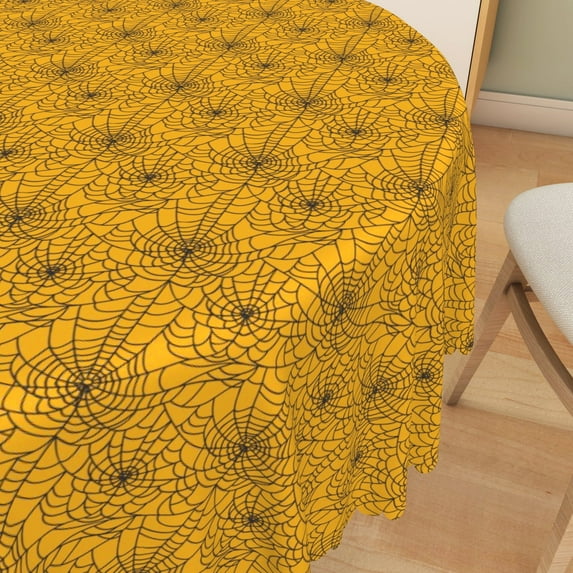 Lfeey Halloween Spider Web Tablecloth, Yellow Round Tablecloth Waterproof Wipeable for Halloween Party Table Decoration, 60 inch