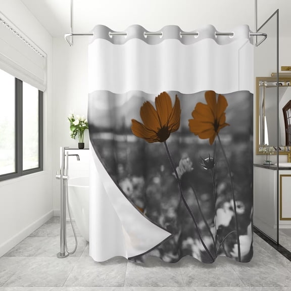 Lfeey Hookless Shower Curtain Brown Cosmos Flower Print, with Shower Curtain Snap Liner, 71x71 inch