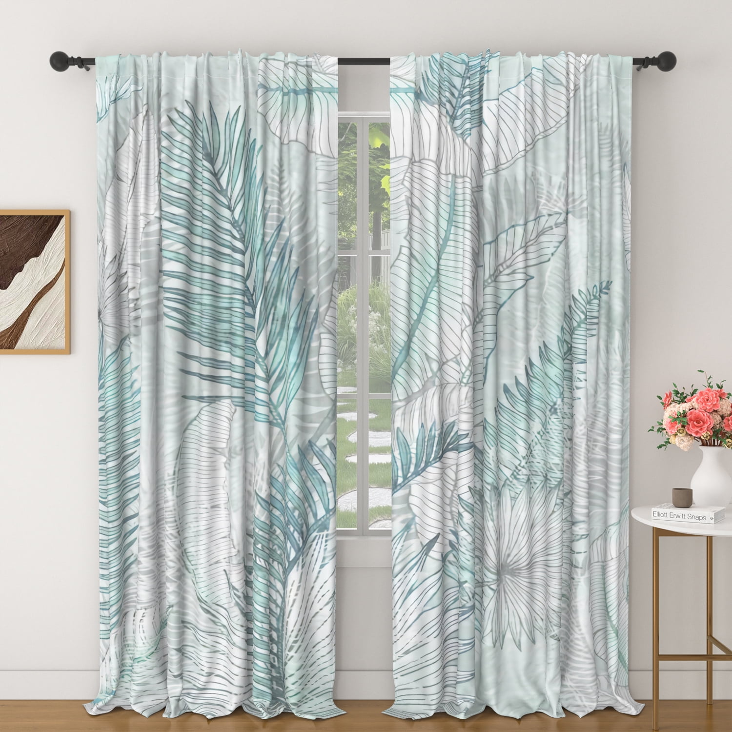 Lfeey Leaf Print Blackout Curtains, Bedroom Living Room，Room Darkening Rod Pocket Curtains, 84 Inch Length, 2 Panels