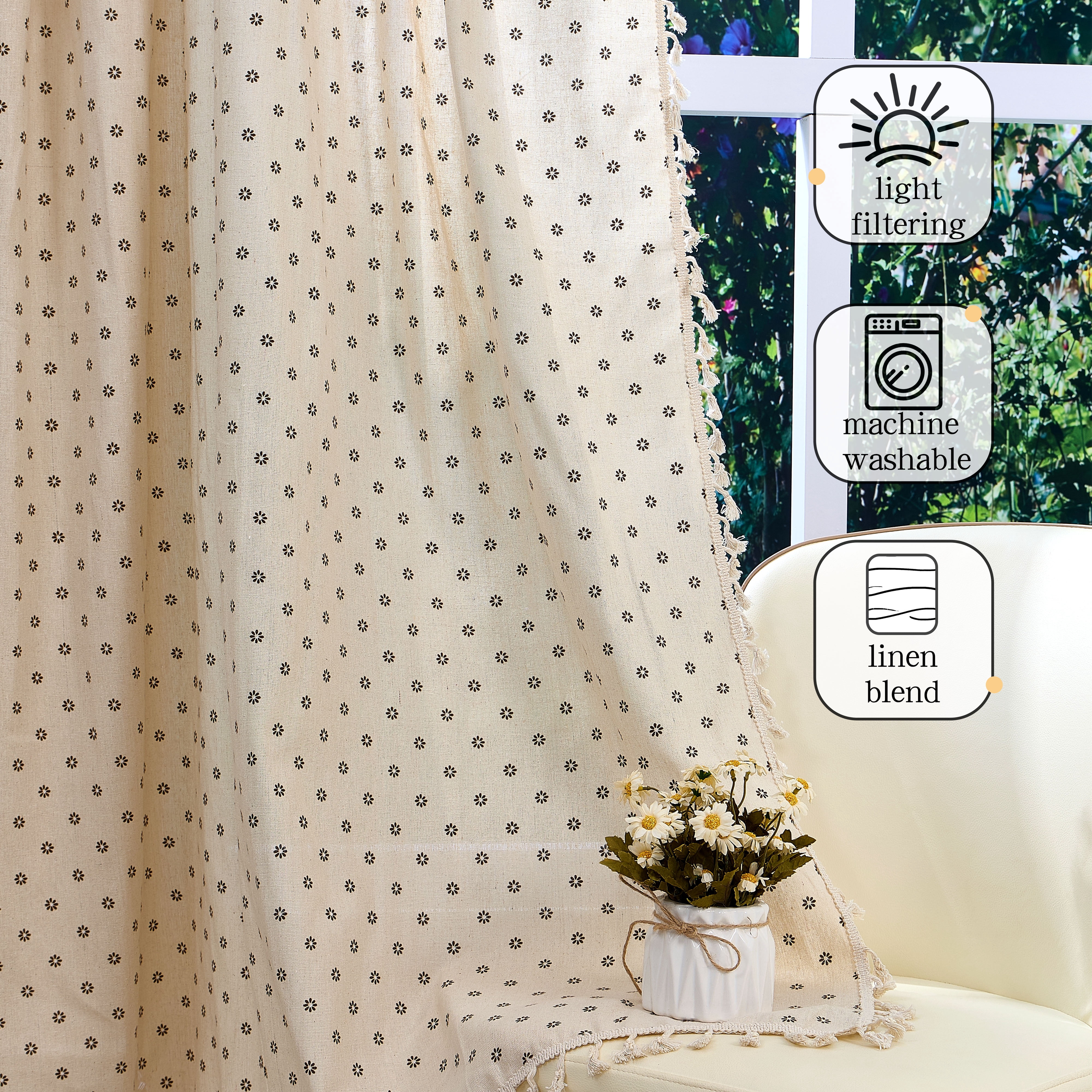 Lfeey Linen Blend Curtain Daisy Floral 96 Inches Long, Rod Pocket Curtains for Living Room, 2 Panels