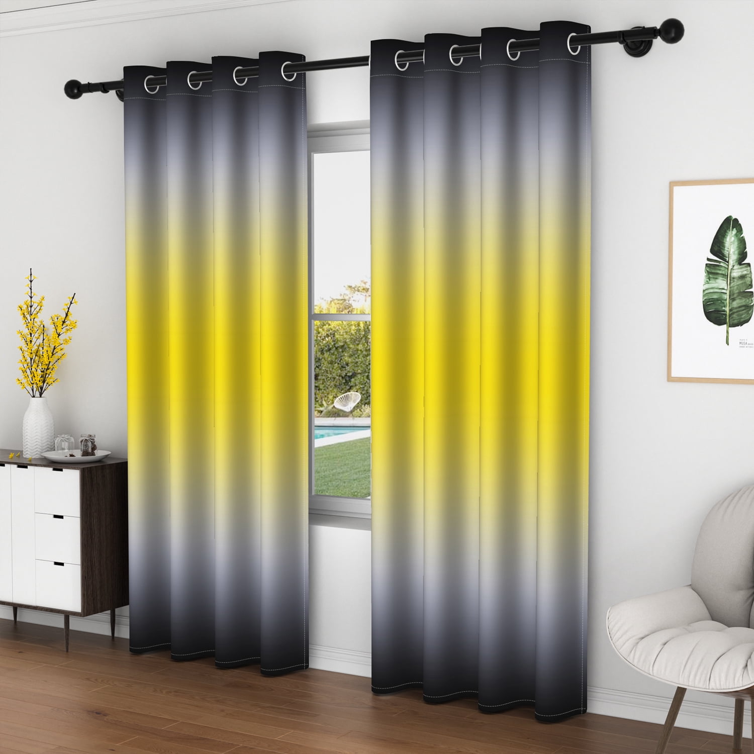 Lfeey Living Room Blackout Curtains, Black Yellow Gradient Color Bedroom Decorative Privacy Curtains Drapes, 42x72 Inches, 2 Panels