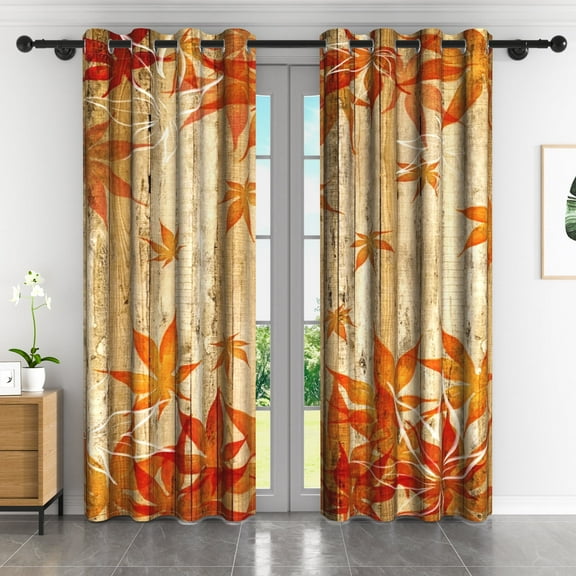 Lfeey Maple Leaf Wood Panel Blackout Curtains Living Room Bedroom Window Light Blocking Privacy Curtains, 42x63 Inch, 2 Panels