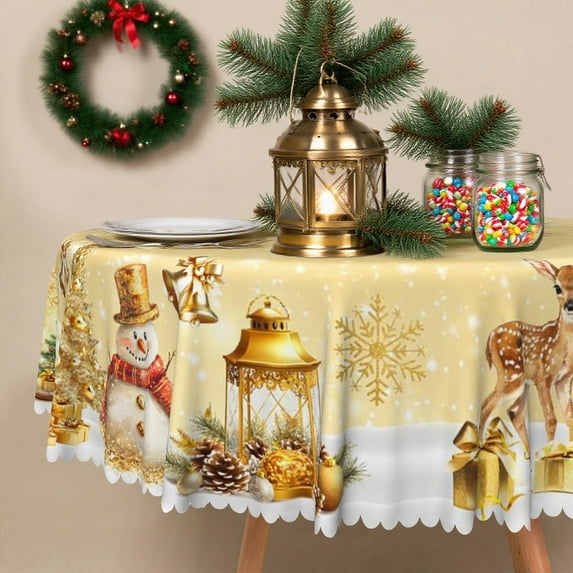 Lfeey Merry Christmas Gold Round Tablecloth Xmas Tree, Snowman Reindeer Festive Table Setting, 70" Round
