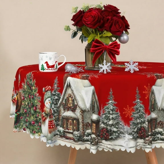 Lfeey Merry Christmas Snowman Round Tablecloth, Tabletop for Xmas Winter Holiday, 70" Round