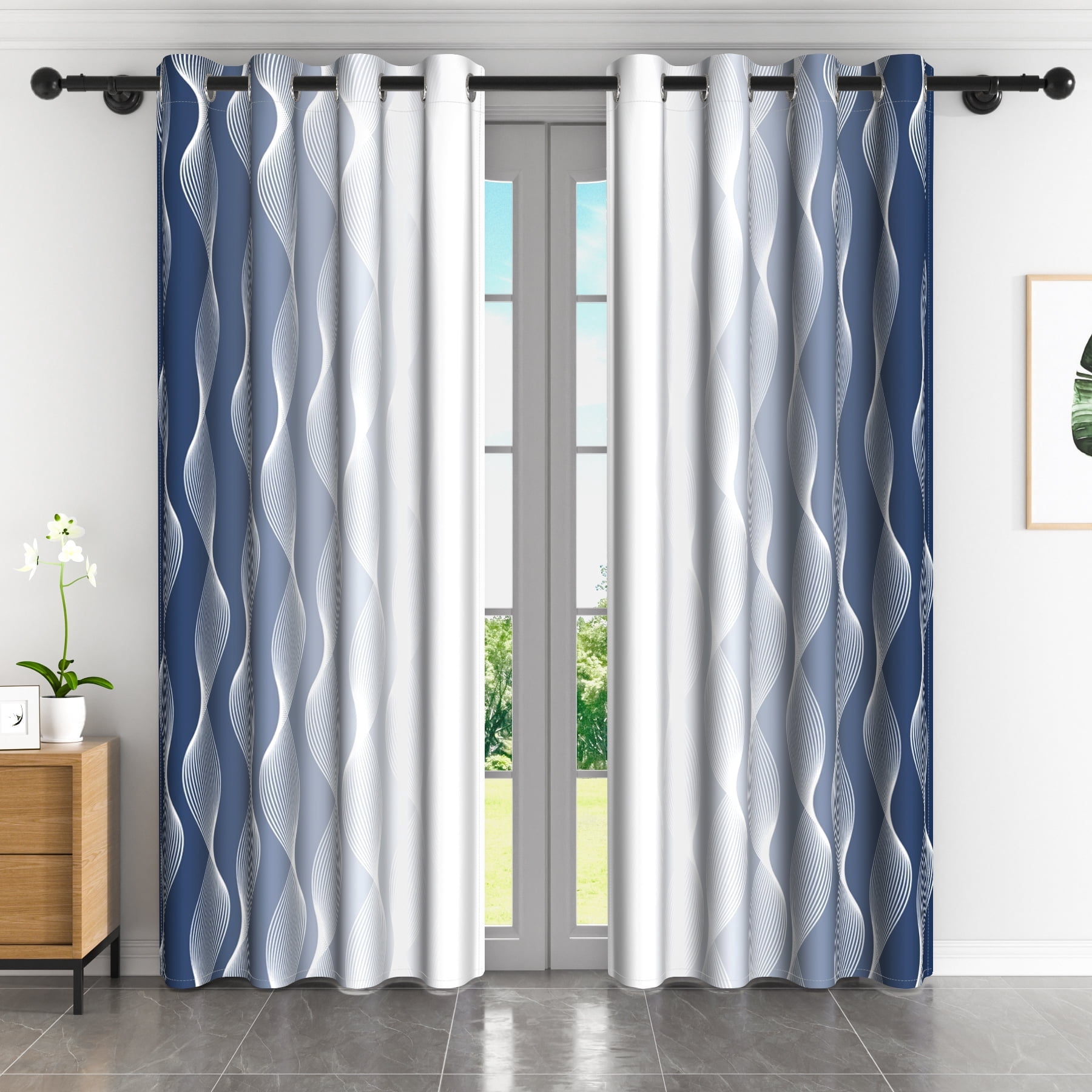Lfeey Modern Curtains for Room, Navy Blue to White Gradient Darkening Blackout Curtains 63 Inches Long, 2 Piece