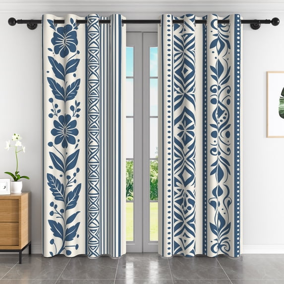 Lfeey Navy Blue Floral Geometric Blackout Curtains 96 inch Long for Bedroom, Boho, Room Darkening Grommet Window Drapes, 2 Panels