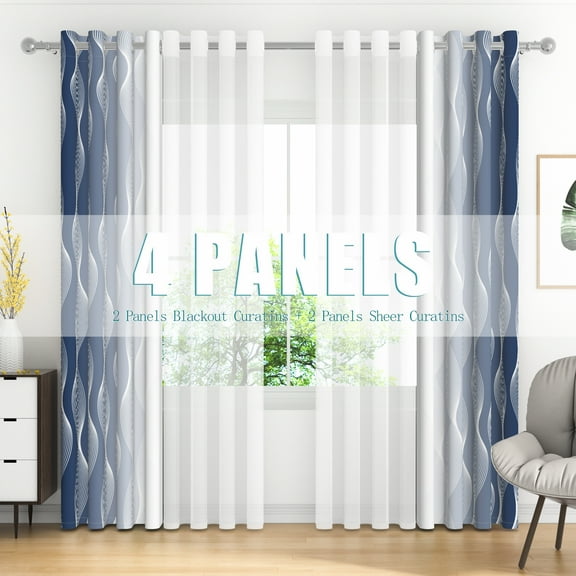 Lfeey Navy Blue Gradient Semi Sheer Curtains for Living Room Bedroom, Grommet Curtains, 42x72 inch Long, 4 Panels