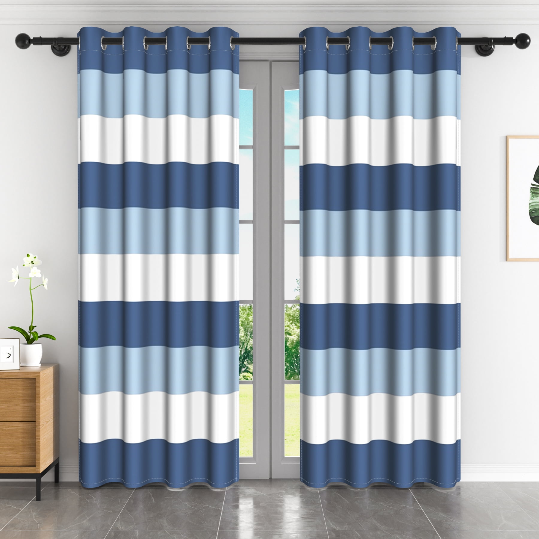 Lfeey Navy Blue White Curtains for Boys Bedroom, Room Darkening Grommet