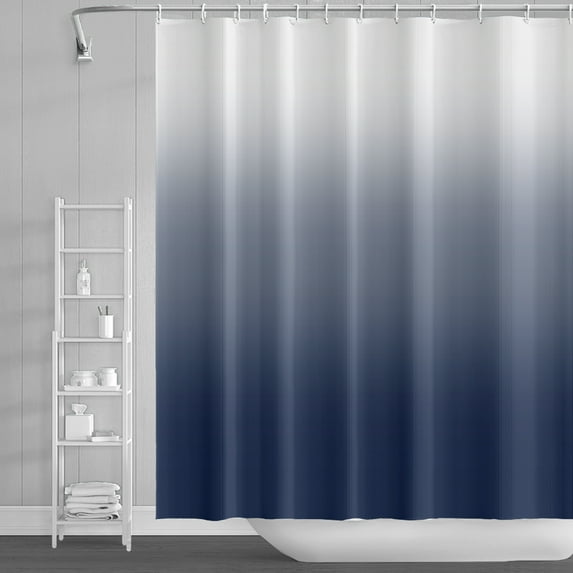 Lfeey Navy and White Ombre Shower Curtain with 14 Hooks, Bathroom Waterproof Washable Fabric, 72x78 Inches