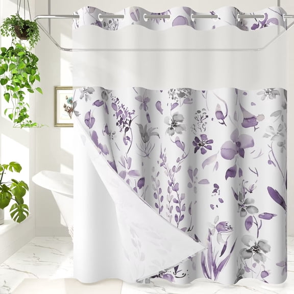 Lfeey No Hook Purple Floral Shower Curtain with Snap in Liner Set, Modern Bathroom Decoration, 71x71inch