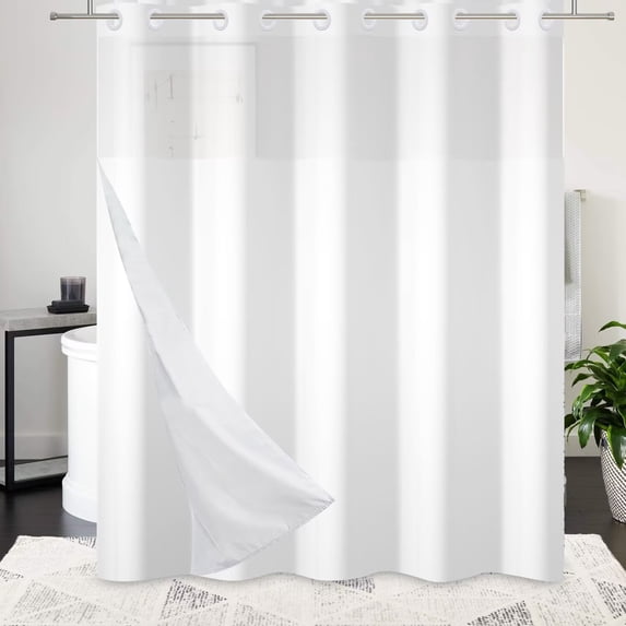 Lfeey No Hook Shower Curtain with Snap Fabric Liner Set, Waterproof Double-Layer Sheer Top, White, 71" W x 86" L