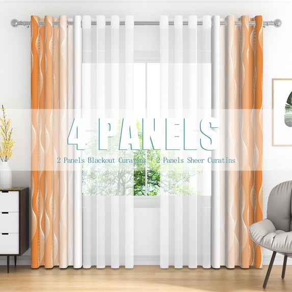 Lfeey Orange Gradient Semi Sheer Curtains for Living Room Bedroom, Grommet Curtains, 42x84 inch, 4 Panels