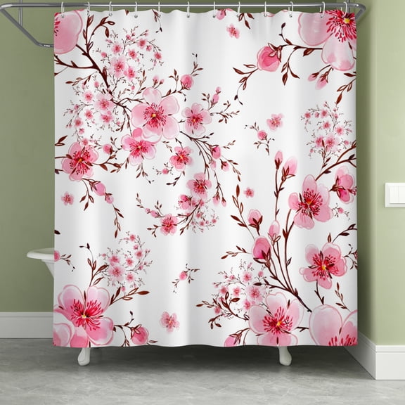 Lfeey Pink Floral Bathroom Shower Curtain with Hooks Waterproof Fabric Shower Curtain, 72x78 in