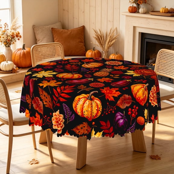 Lfeey Pumpkin Black Round Tablecloth for Kitchen Dining Room, Thanksgiving Autumn Waterproof Table Cloth 60 inch