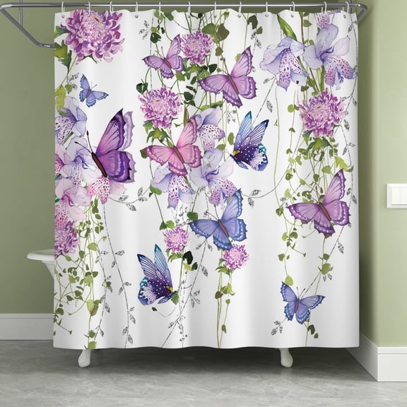 Lfeey Purple Butterfly Leaf Shower Curtain, Modern Bathroom Decor Waterproof Shower Curtain, 72x72 in