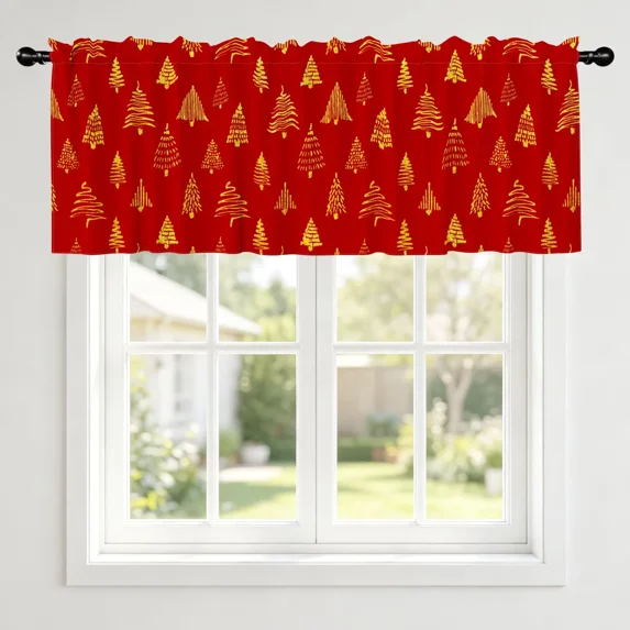 Lfeey Red Christmas Valance Curtains for Kitchen Windows, Xmas Pine Tree Window Treatment Short Curtain, 42x18 Inch, Rod Pocket