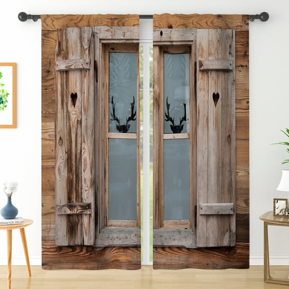 Lfeey Rod Pocket Curtains Set of 2, Brown Wooden Blackout Curtains for Bedroom Living Room Window Drapes 63 inch long