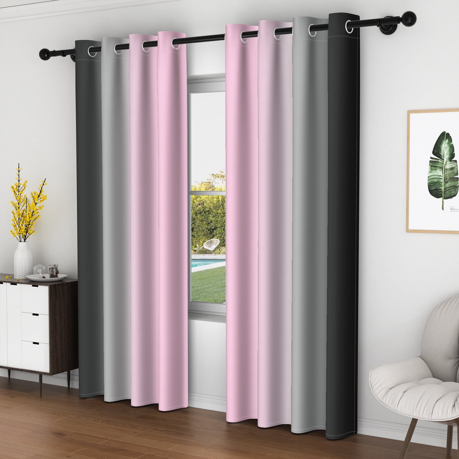Lfeey Room Darkening Blackout Curtains, Black Pink Ombre Color Light Blocking Grommet Curtains, 42x84 Inch, 2 Panels