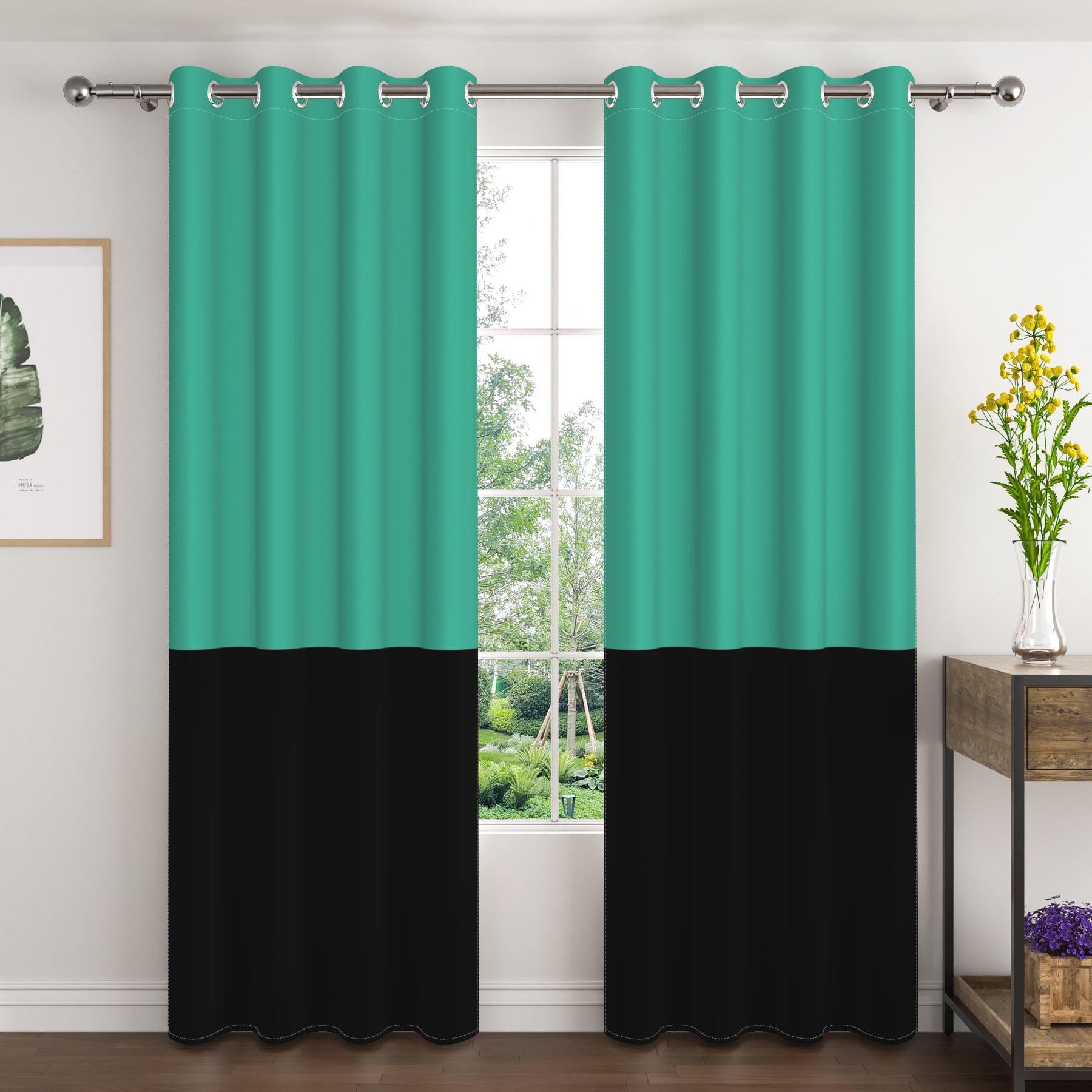 Lfeey Room Darkening Curtains, 63 inch long Blackout Curtains for Bedrooms, Cyan and Black, 2 Pieces