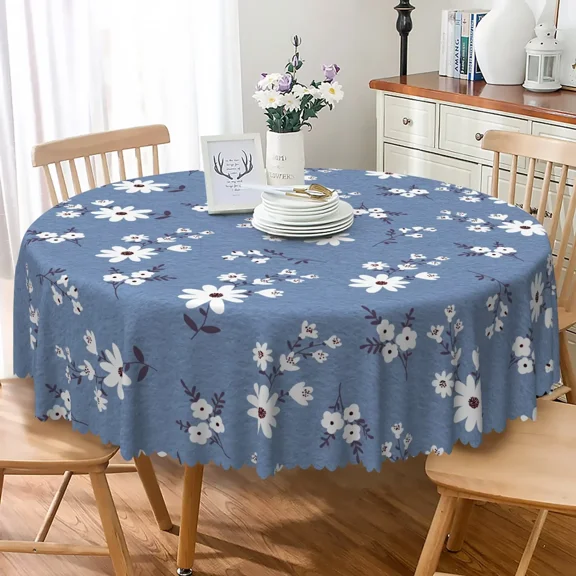 Lfeey Round Daisy Floral Tablecloth, Blue Polyester Table Cover for Kitchen Dining Table, 60 Inch