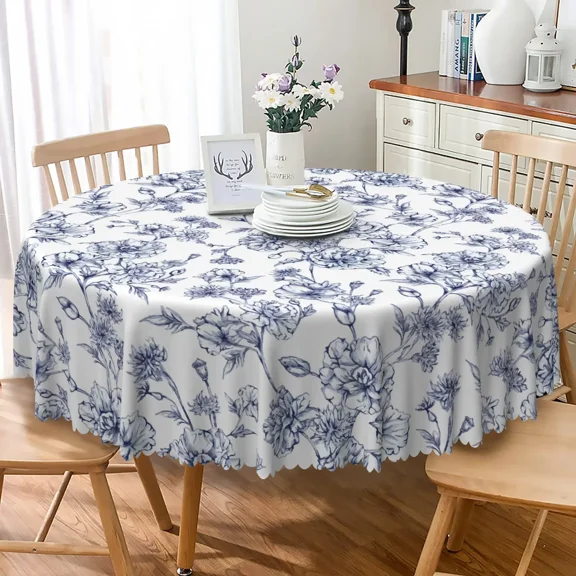 Lfeey Round Floral Tablecloth 70 Inch, Blue Flower Print Dining Table Cover for Kitchen and Farmhouse Decor