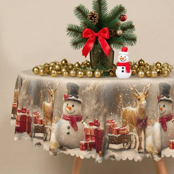 Lfeey Round Vintage Christmas Snowman and Reindeer Tablecloth, Perfect for Indoor Outdoor Holiday Decor, 70" Round