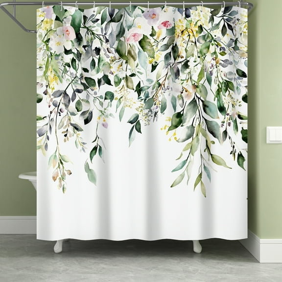 Lfeey Sage Green Leaves Shower Curtain, Watercolor Floral Plant Leaves Fabric with 12 Hooks, 72"x72"