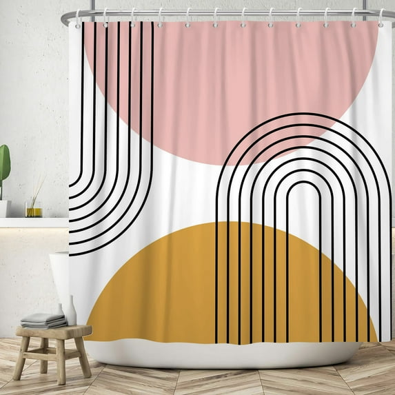 Lfeey Shower Curtain with Hooks, Boho Abstract Half Circle Bathroom Waterproof Curtain, Pink, 72x78 inch