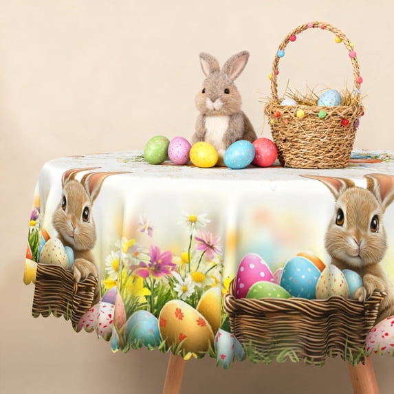 Lfeey Spring Easter Round Tablecloth, with Rabbit Easter Eggs, Waterproof Wrinkle Resistant Table Cover, 70 inch