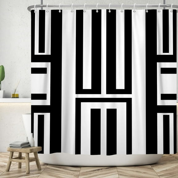 Lfeey Striped Shower Curtain, Modern Minimalist Polyester Waterproof Bathroom Curtain, Black and White, 72x72 inch