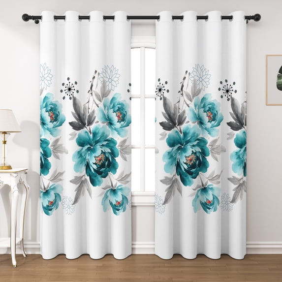 Lfeey Teal Floral Blackout Curtains, Thermal Insulated Noise Reducing Grommet Curtains for Bedroom Living Room, 42x72 Inches, 2 Panels