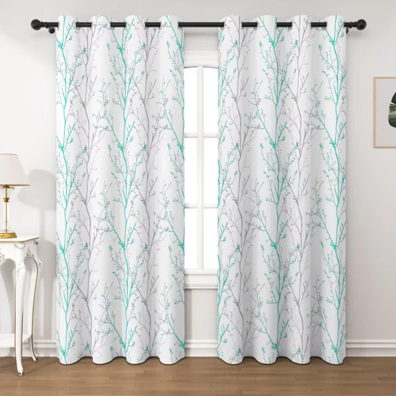 Lfeey Teal Grey Tree Branch Blackout Curtains 2 Panels 63 Inches Long, Thermal Insulated Room Darkening Grommet Top Drapes For Living Room