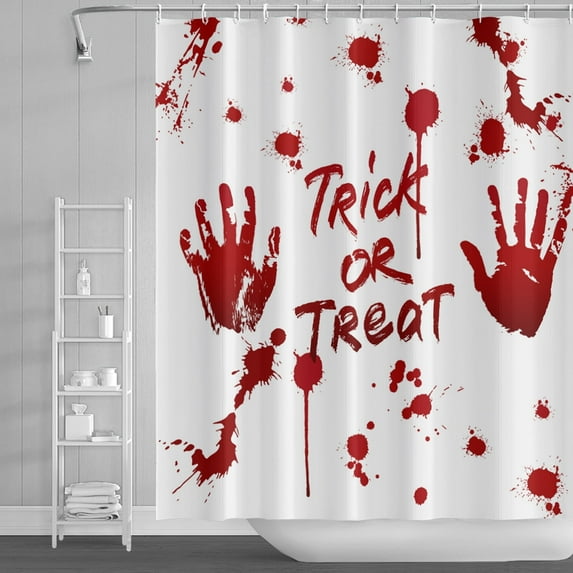 Lfeey Trick or treat Halloween Shower Curtain, Red Hand Blood Stain, Bathroom Waterproof Fabric Washable Curtain, 72x72 inches