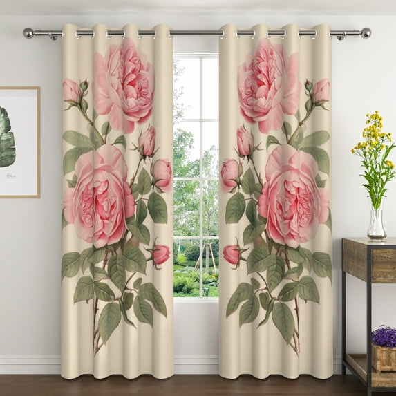 Lfeey Vintage Pink Flower Print Blackout Curtains, Grommet Curtains for Girls Bedroom Living Room Decor, 52x84 inch, 2pcs