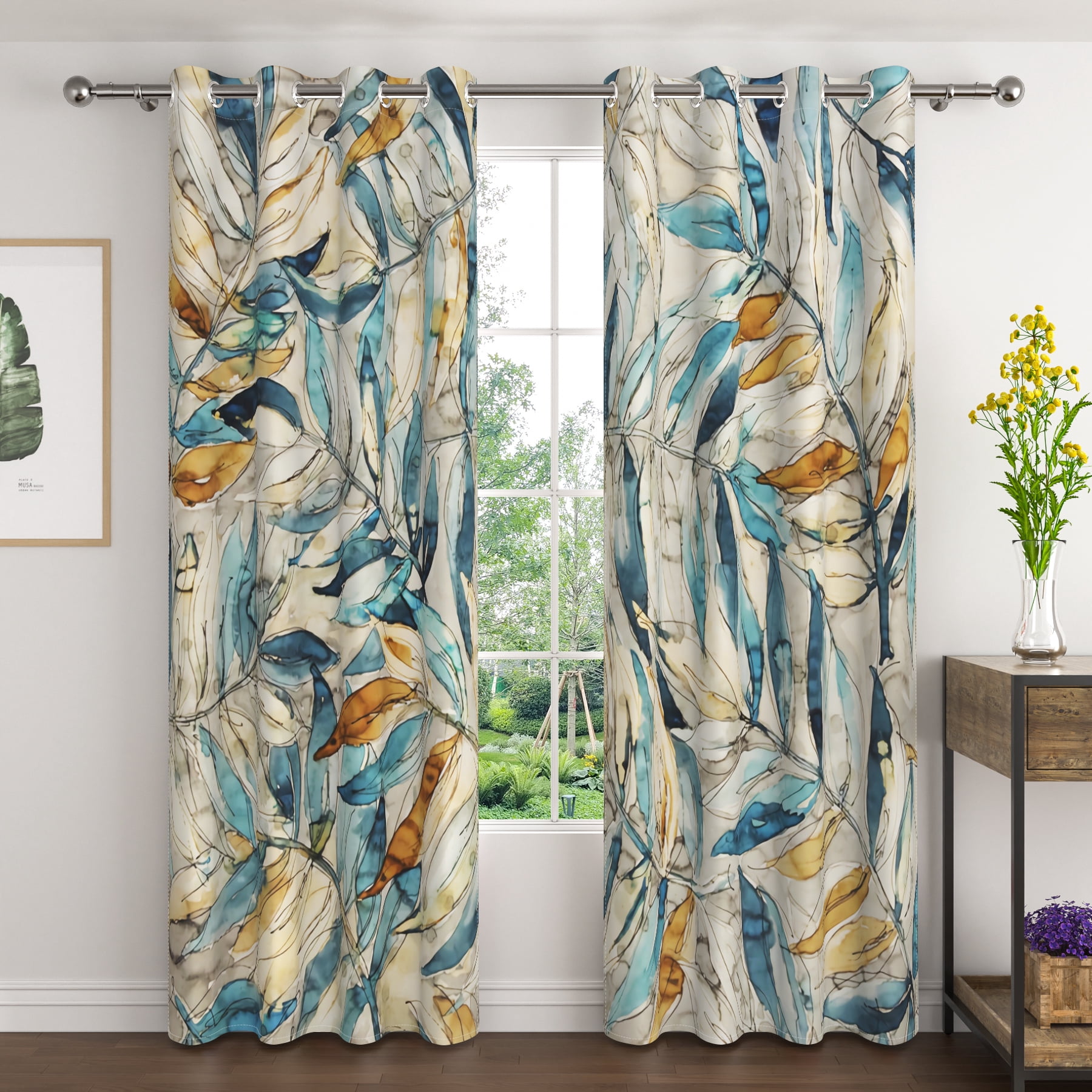Lfeey Watercolor Leaves Print Blackout Curtains 84 in Long, Window Drape for Bedroom Living Room, 2 Panels