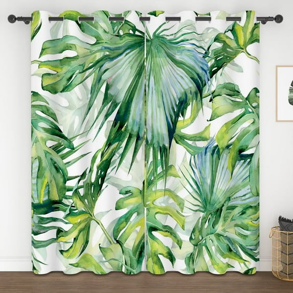 Lfeey Watercolor Tropical Plant Curtains, Green Botanical Print with Grommets, Blackout for Living Room Kitchen, 52x63 Inch, Set of 2