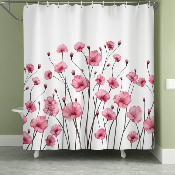 Lfeey Waterproof Fabric Bathroom Shower Curtain, Pink Floral, With Hooks, 72x84 in