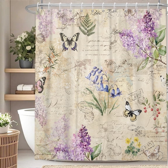 Lfeey Waterproof Retro Plants Shower Curtain, Purple Flowers Bathroom Decor 12 Hooks, 72Wx72H