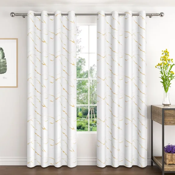 Lfeey White Gold Marble Blackout Curtain For Bedroom, Room Darkening Grommet Drapes, 63 inch Length, 2 Panels
