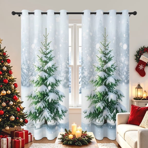 Lfeey Winter Snowy Pine Tree Blackout Curtains 2 Panels, Christmas Snowflake Scenery Grommet Window Drapes for Bedroom Living Room, 42x63 inches
