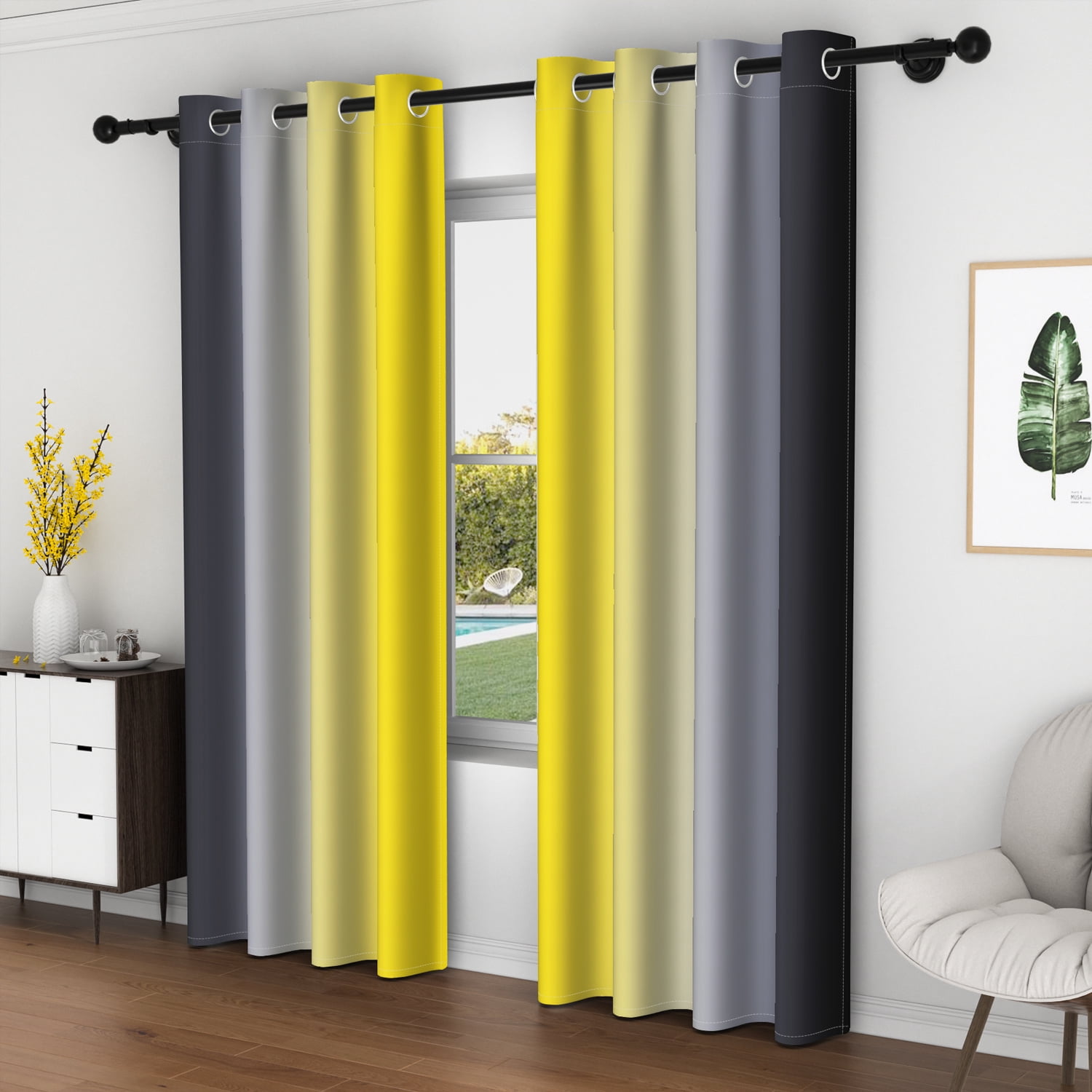 Lfeey Yellow Room Darkening Curtains, Gradient Black Ombre Blackout Curtains, Living Room Kids Bedroom Decorative Privacy Curtains, 52W X 96L, 2 Panels